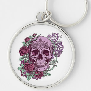 Lila Totenkopf mit Rosen Goth Design Schlüsselanhänger