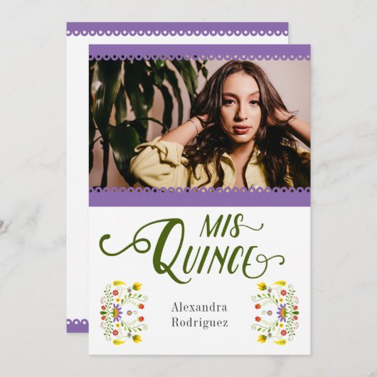 Lila traditionelles Mexiko Blumenkohl Foto Quincea Einladung (Vorne/Hinten)