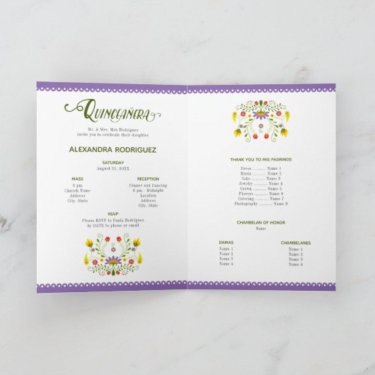 Lila traditionelles Mexiko Blumenkohl Foto Quincea Einladung (Innenseite)