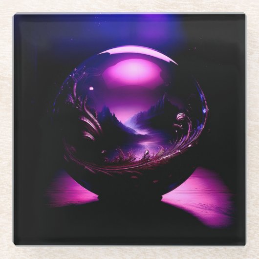 Lila, transparenter Globe mit Berglandschaft Glasuntersetzer (Vorderseite)