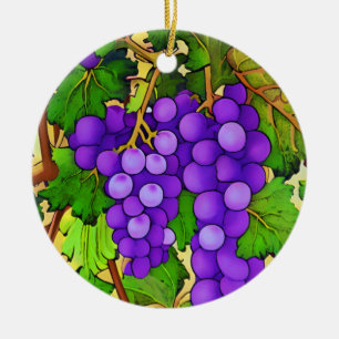 Lila Trauben an der Weinrebe Keramik Ornament