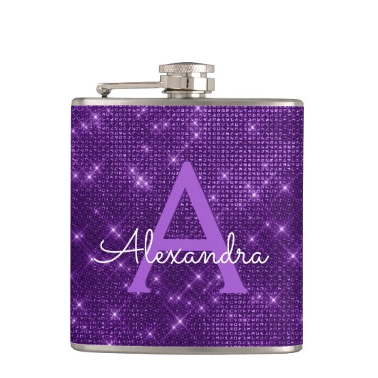 Lila Trendy Sparkle Monogram Initial Flachmann (Vorderseite)