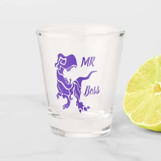 Lila Trex zum Boss Dino Schnapsglas (Vorderseite)