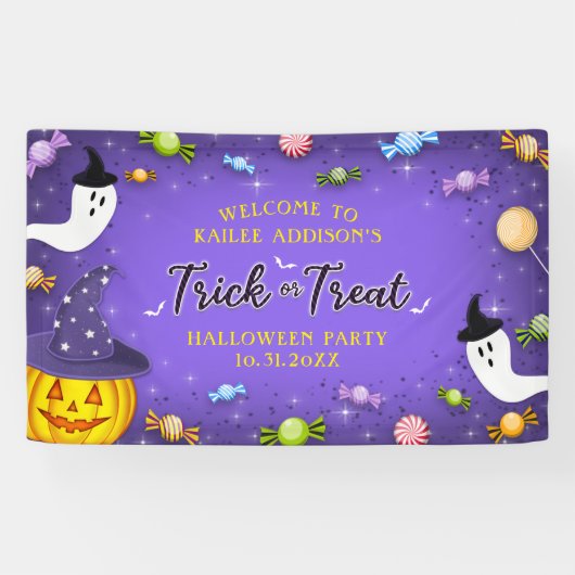 Lila Trick oder Treat Kids Halloween Candy Party Banner (Horizontal)