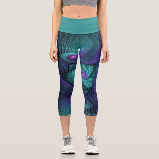 Lila trifft Türkis Modernes abstraktes Fraktal Kun Capri Leggings (Vorderseite)
