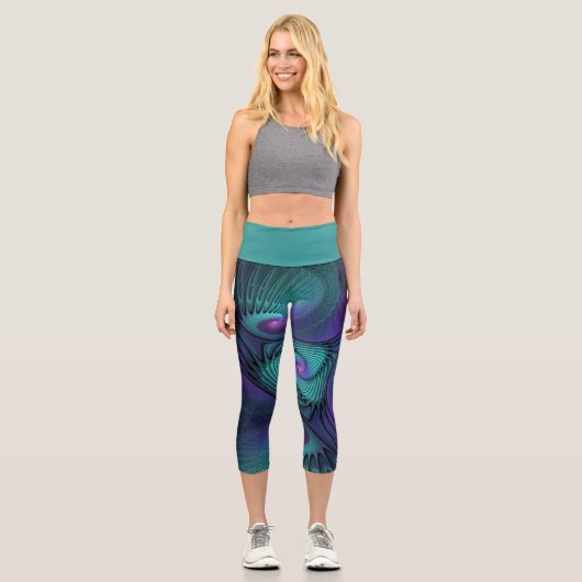Lila trifft Türkis Modernes abstraktes Fraktal Kun Capri Leggings (Vorderseite)