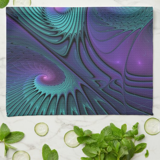 Lila trifft Türkis Modernes abstraktes Fraktal Kun Geschirrtuch (Gefaltet)