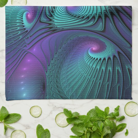 Lila trifft Türkis Modernes abstraktes Fraktal Kun Geschirrtuch (Gefaltet)