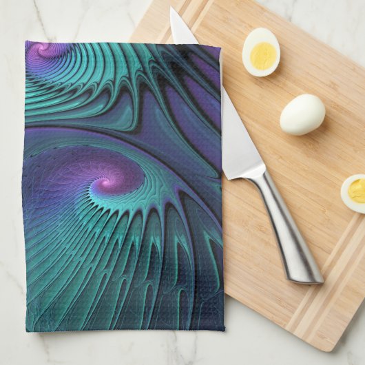 Lila trifft Türkis Modernes abstraktes Fraktal Kun Geschirrtuch (Viertel Falte)