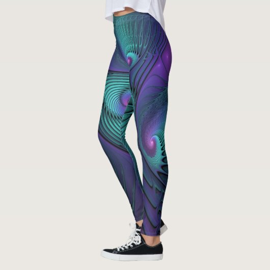 Lila trifft Türkis Modernes abstraktes Fraktal Kun Leggings (Links)