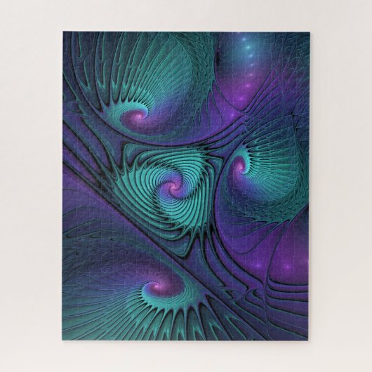 Lila trifft Türkis Modernes abstraktes Fraktal Kun Puzzle (Vertikal)