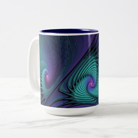 Lila trifft Türkis Modernes abstraktes Fraktal Kun Zweifarbige Tasse (Vorderseite Links)