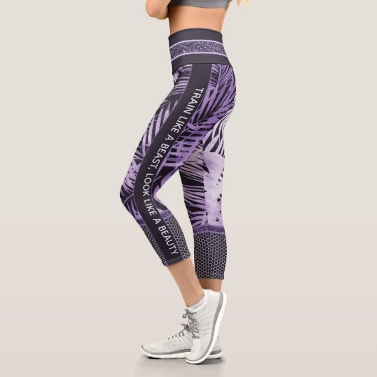 Lila tropische Blätter Glitzer & quote stilvoll Capri Leggings (Links)