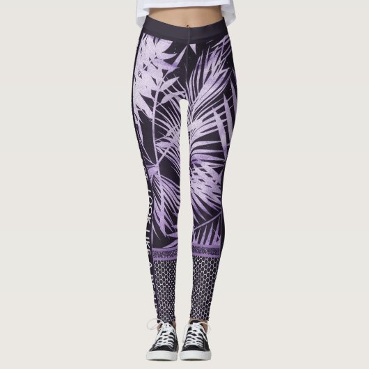Lila tropische Blätter Glitzer & quote stilvoll Leggings (Vorderseite)