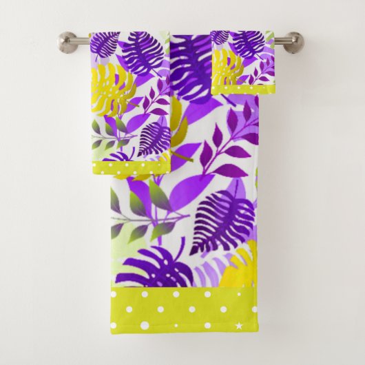 Lila tropische Blätter, Mauve, Lemon, Limon Trim Badhandtuch Set (Insitu)