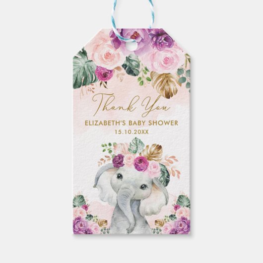 Lila tropische Blume Elephant Babydusche Geschenkanhänger (Vorderseite)