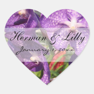 Lila tropische Blume Personalisiert Hochzeit Herz-Aufkleber