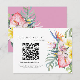 Lila tropische Blumen-Hawaii-QR-Code-Hochzeit RSVP Karte