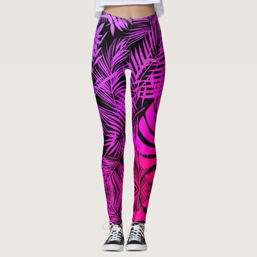 Lila tropische Palmenmuster Leggings (Vorderseite)