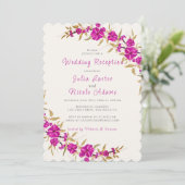 Lila Trumpet Blumengarten Hochzeitsempfang Einladung (Stehend Vorderseite)