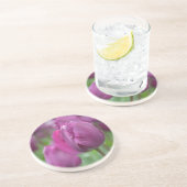 Lila Tulip mit Wassertropfen Sandstein Untersetzer (Seite)