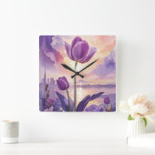 Lila Tulip Quadratische Wanduhr (Zuhause)