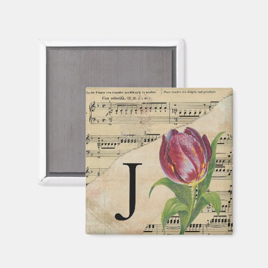Lila Tulip Sheet Music Monogram Initial J Magnet (Vorderseite/Rückseite)