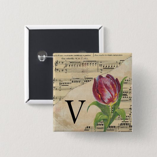 Lila Tulip Sheet Music Monogram Initial V Button (Vorne & Hinten)