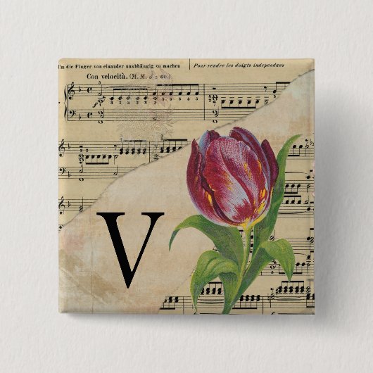 Lila Tulip Sheet Music Monogram Initial V Button (Vorderseite)