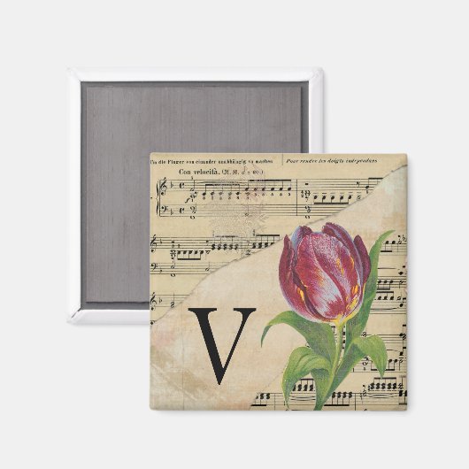 Lila Tulip Sheet Music Monogram Initial V Magnet (Vorderseite/Rückseite)