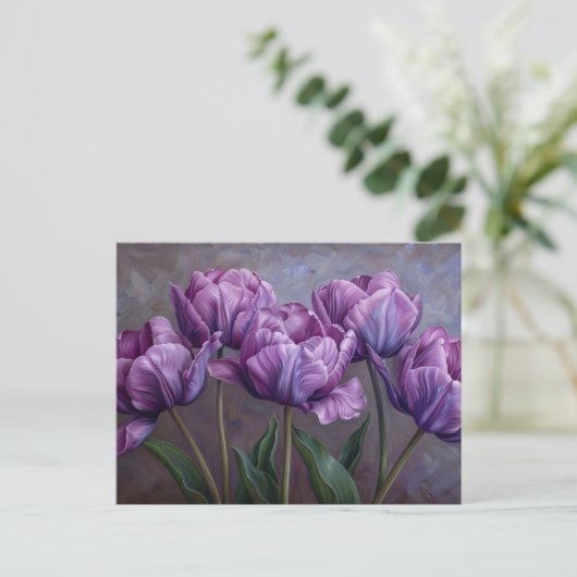 Lila Tulips botanische Ölgemälde Postkarte (Stehend Vorderseite)