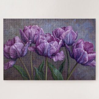 Lila Tulips botanische Ölgemälde Puzzle