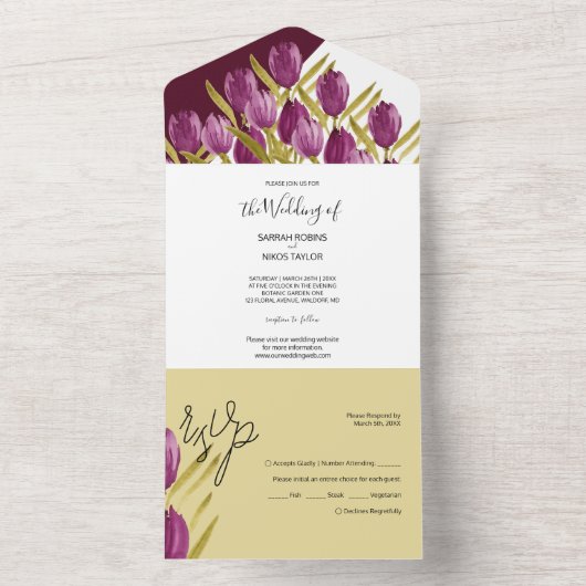 Lila Tulips Elegant Wasserfarbe Handgemalt All In One Einladung (Innen)