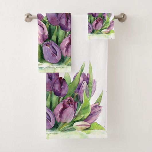 Lila Tulips Floral Wasserfarbmuster Badhandtuch Set (Insitu)