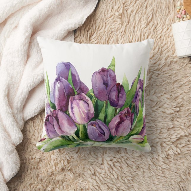 Lila Tulips Floral Wasserfarbmuster Kissen (Decke)