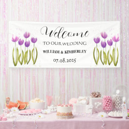 Lila Tulips Frühlingsflora Rustikale Hochzeit Banner