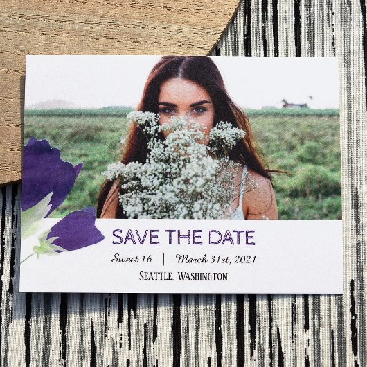 Lila Tulips Sweet 16 Save the Date Karte