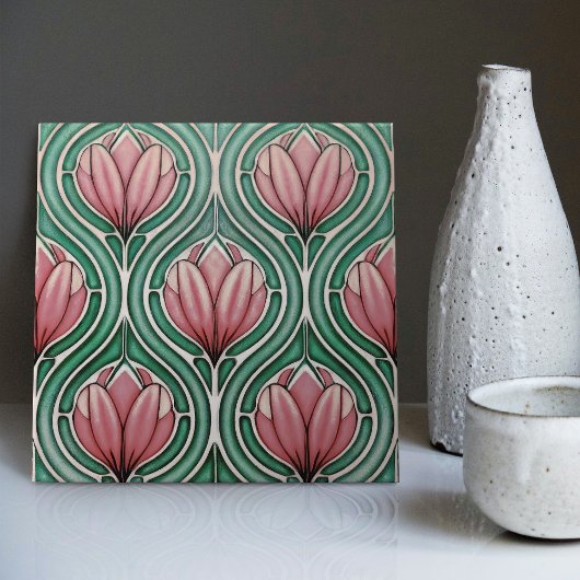 Lila Tulips Symmetrisches Muster Art Nouveau Fliese