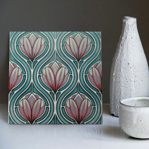 Lila Tulips zum blauen symmetrischen Jugendstil Fliese