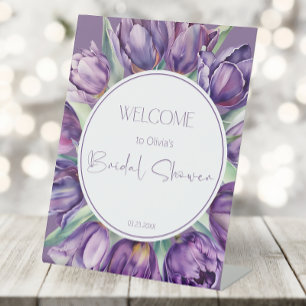 Lila Tulpen Brautparty Willkommen Sockelschild