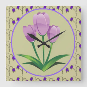 Lila Tulpenschöne Blume im Vintage-Muster süß Quadratische Wanduhr