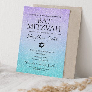 Lila & Türkis Bat Mitzvah Imitate Glitzer Paint Einladung