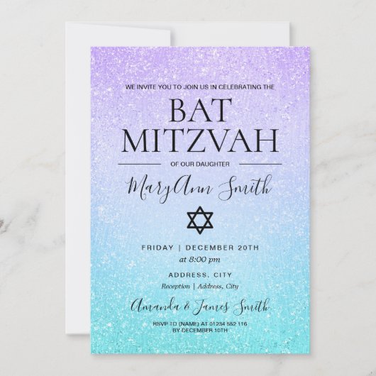 Lila & Türkis Bat Mitzvah Imitate Glitzer Paint Einladung (Vorderseite)