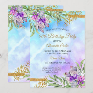 Lila Türkis Blau Gold Blumen Geburtstagsfeier Einladung