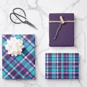 Lila, Türkis, Blau & Weiß Kariert Geschenkpapier Set