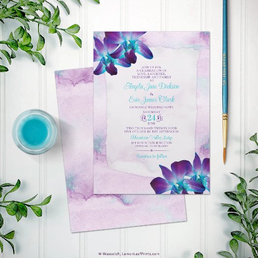 Lila Türkis Blue Dendrobium Orchid Wedding Einladung