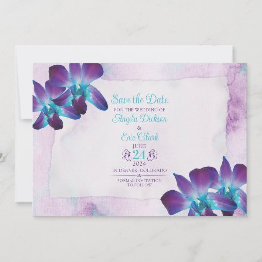 Lila Türkis Blue Dendrobium Orchid Wedding Save The Date (Vorderseite)