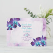 Lila Türkis Blue Dendrobium Orchid Wedding Save The Date (Stehend Vorderseite)