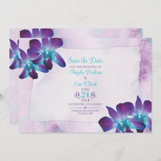 Lila Türkis Blue Dendrobium Orchid Wedding Save The Date (Vorne/Hinten)