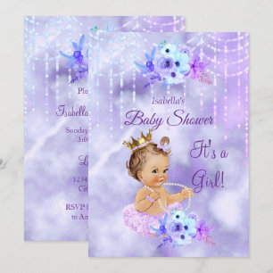 Lila Türkis Blumen Mädchen Baby Shower Brünette Einladung